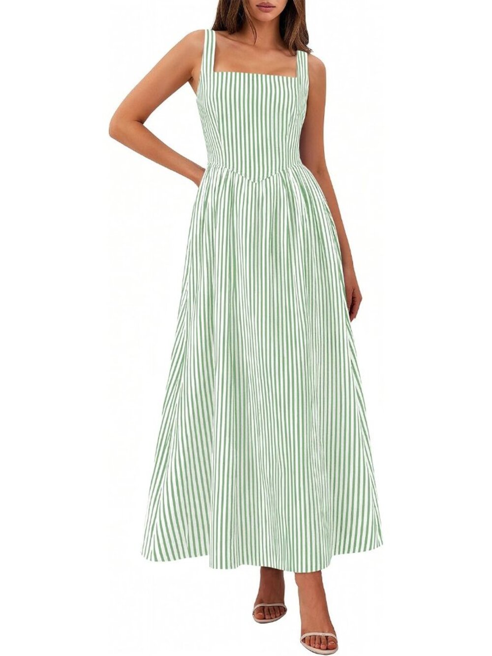 Women's Green Striped Sundress Summer Sleeveless Square Neck Pockets Maxi Dress